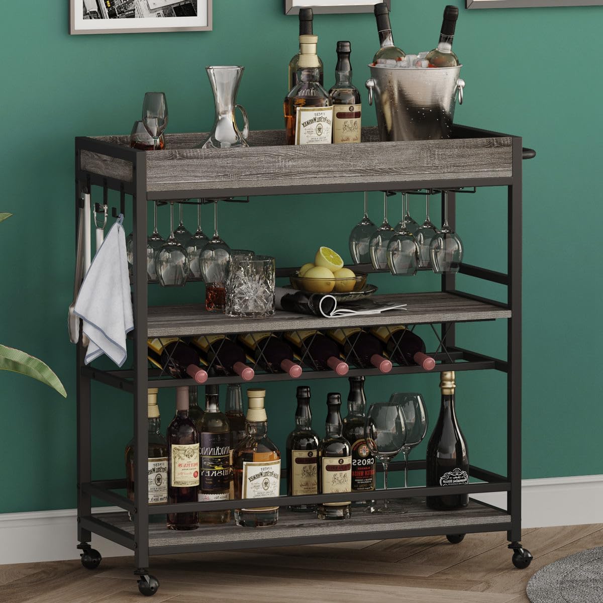 BON AUGURE Bar Cart, Home Bar Serving Cart on Wheels, Mobile 3 Tier Liquor Beverage Carts with Wine