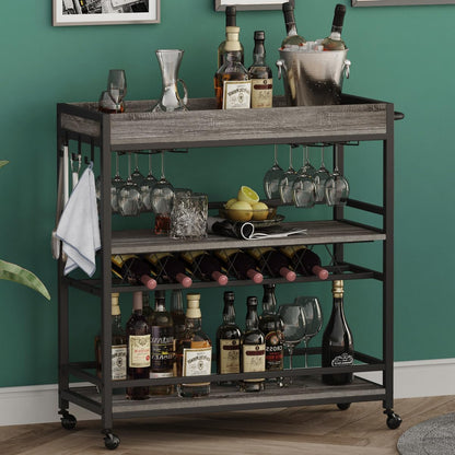 BON AUGURE Bar Cart, Home Bar Serving Cart on Wheels, Mobile 3 Tier Liquor Beverage Carts with Wine