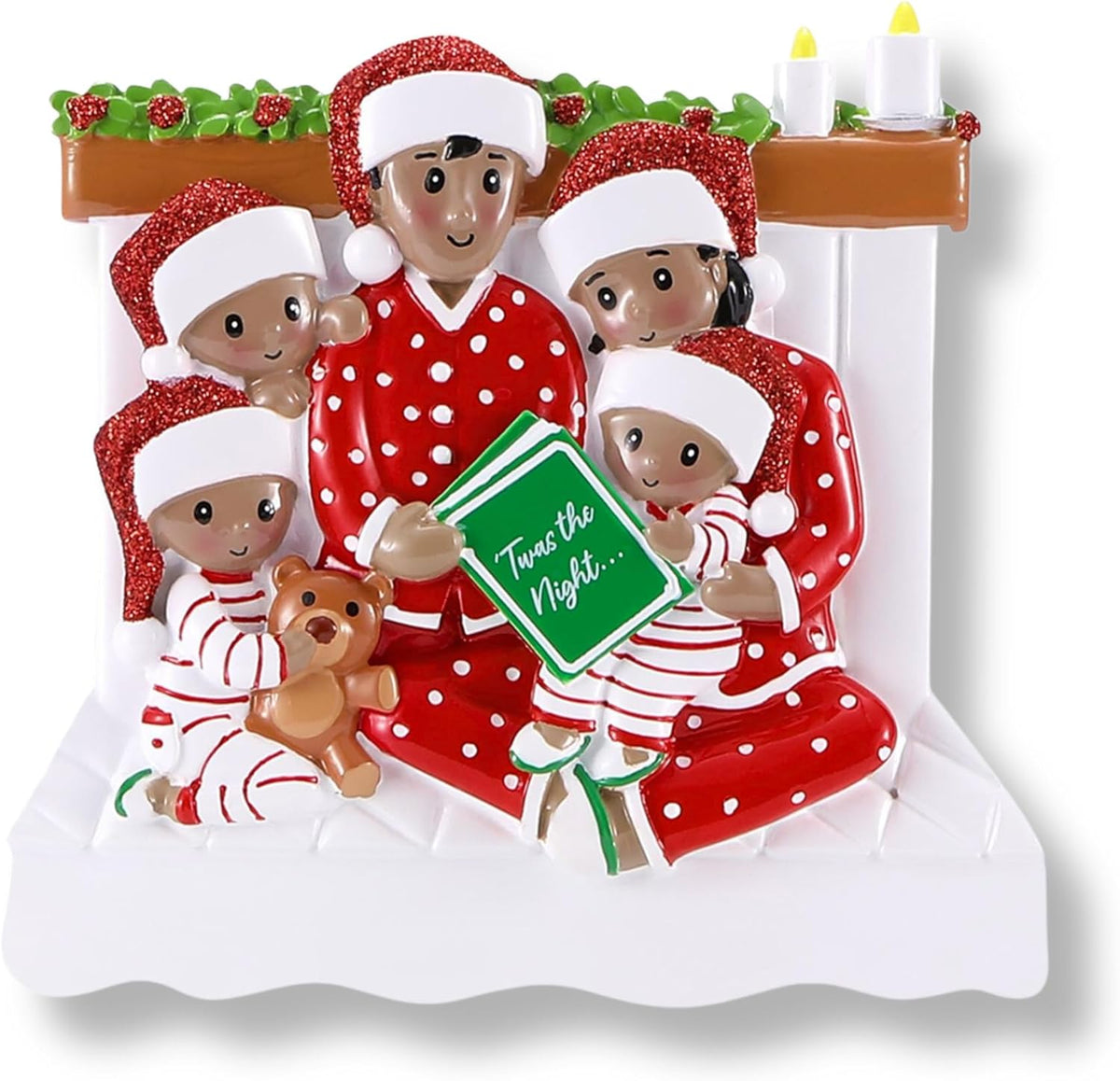 African American Bedtime Reading Family of 5 Christmas Ornament 2025 Personalized Family Christmas