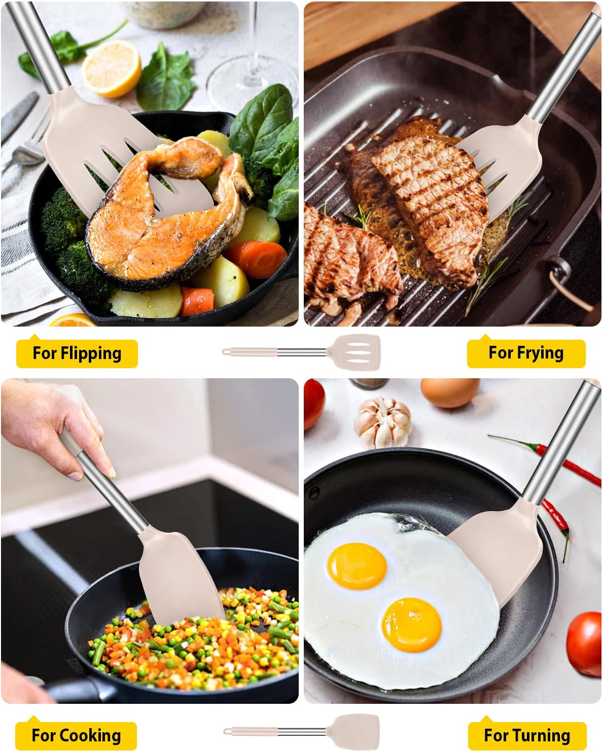 Pack of 2 Silicone Solid Turner, Non Stick Slotted Kitchen Spatulas, High Heat Resistant BPA Free