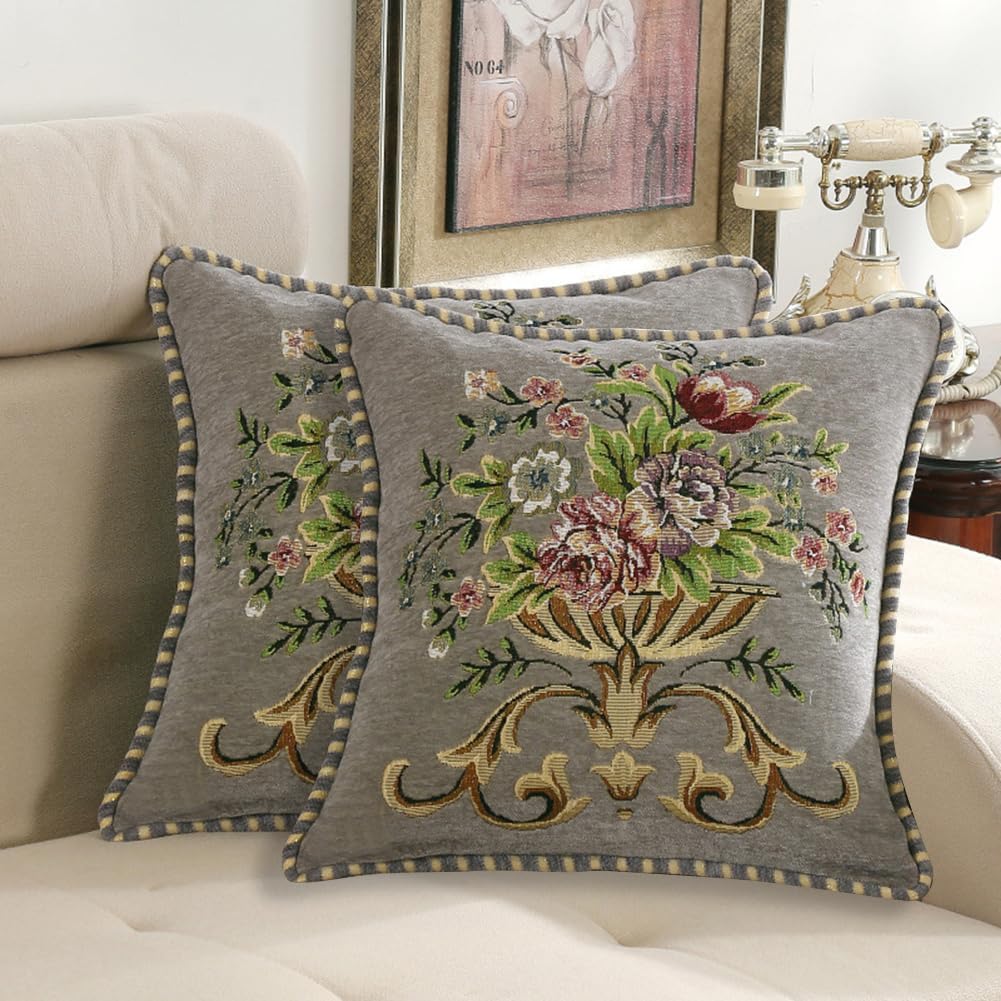 2 Pcs Grey Chenille Vintage Embroidered Throw Pillow Covers 18x18in,Grey Tassel Vintage Pattern