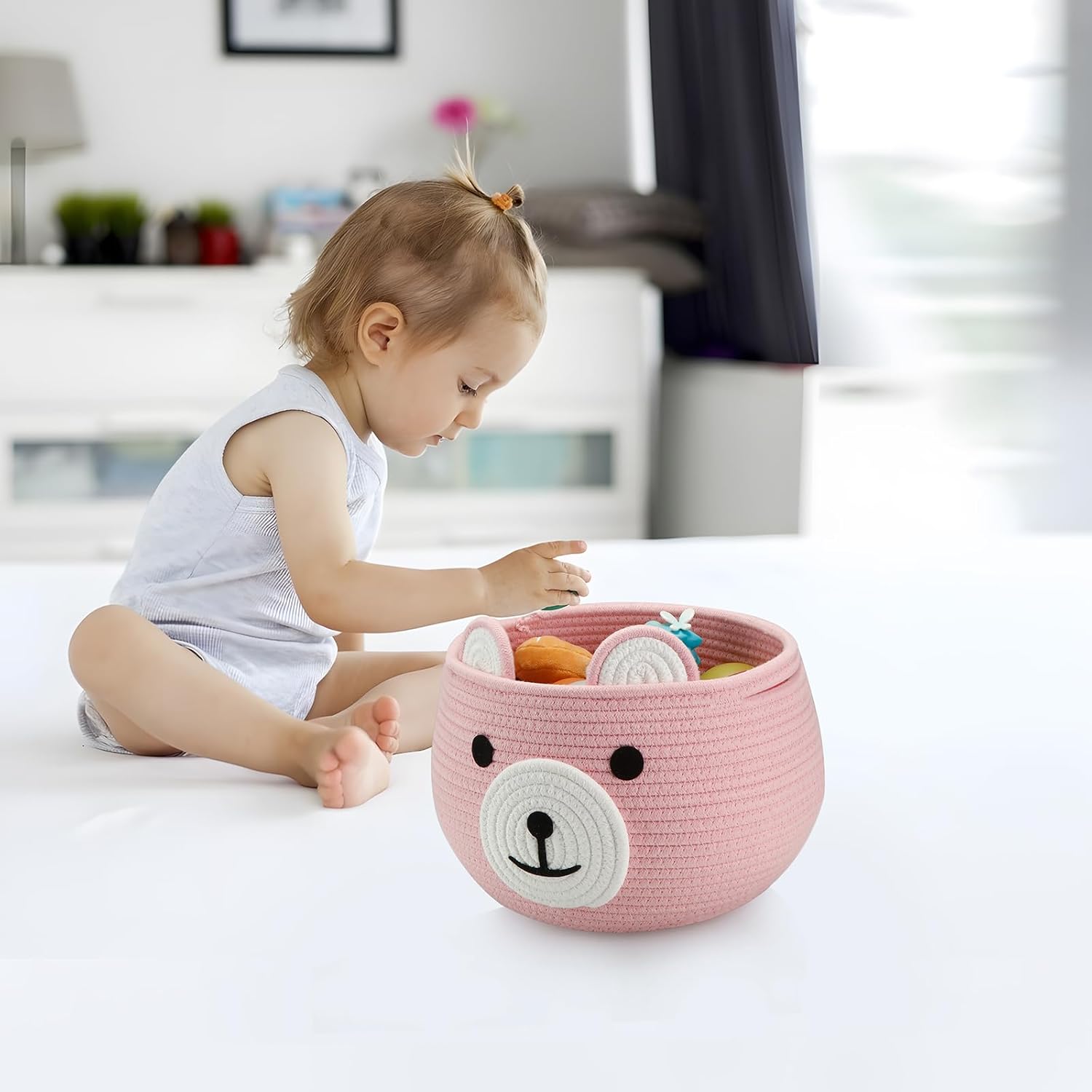 PandaEar Cotton Rope Baby Basket, Baby Gift Basket Nursery Laundry Organizer with Cute Bear Design