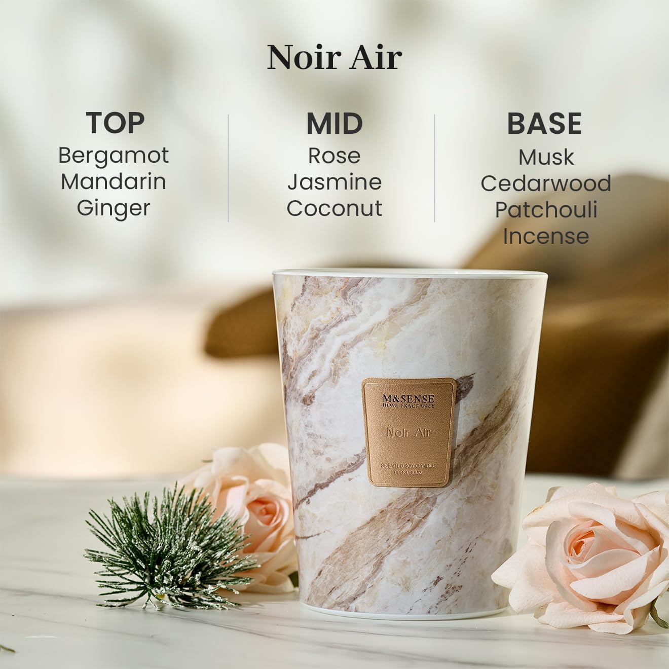 M&SENSE NoirAir Scented Candles for Home, 3-Wick Highly Scented Jar Candles, Extra Large Candle 35