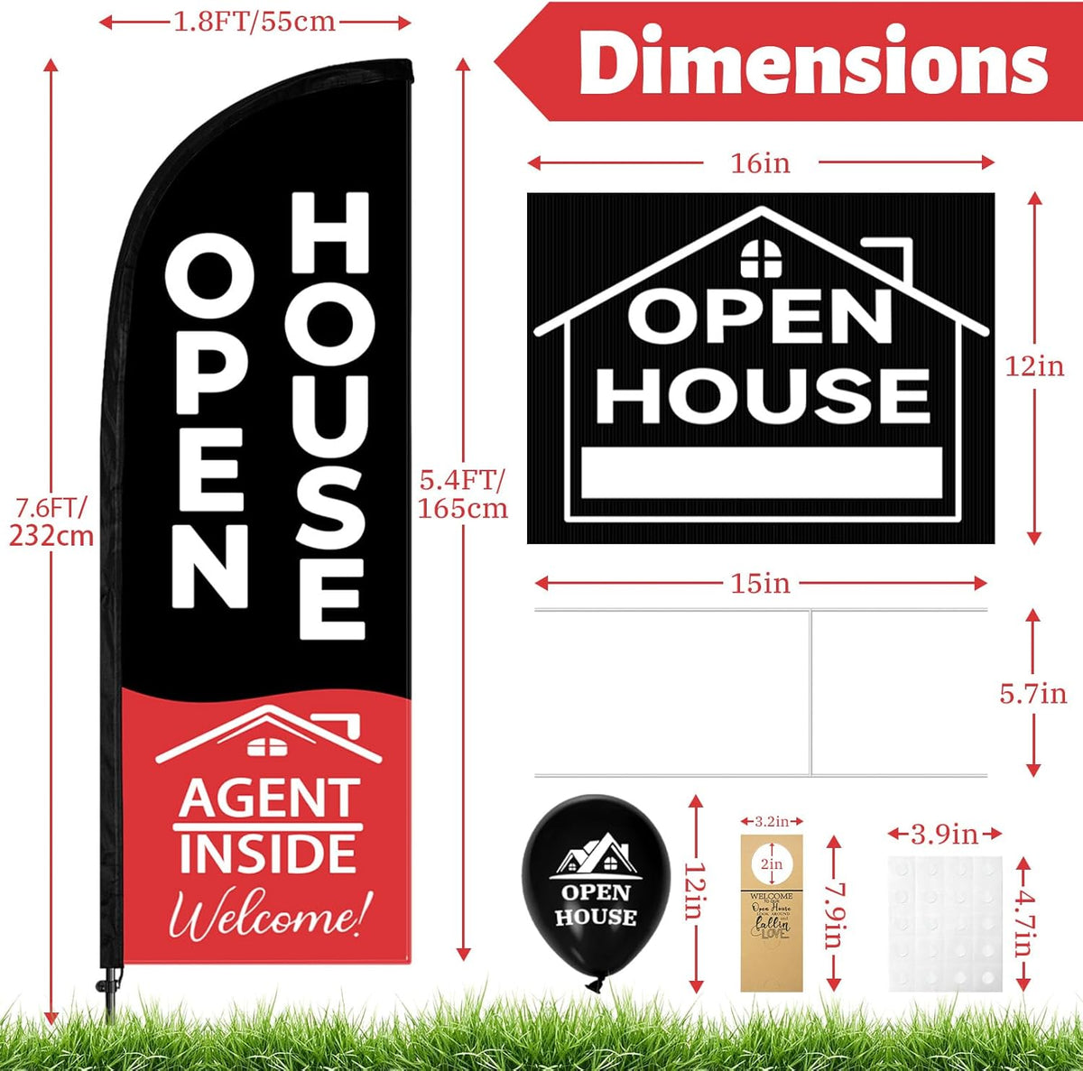 44 Pcs Open House Signs for Real Estate, Double Sided Open House Flag Kit, 7.6 x 5.4 Ft Black