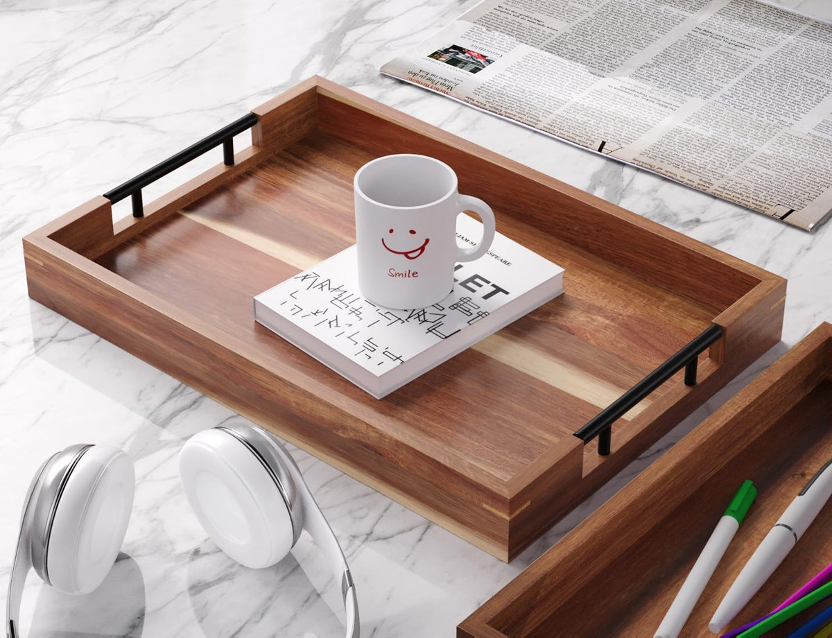 Acacia Wood Set of 2 Serving Tray with Metal Handles,Ottoman Decorative Trays Platter for Coffee