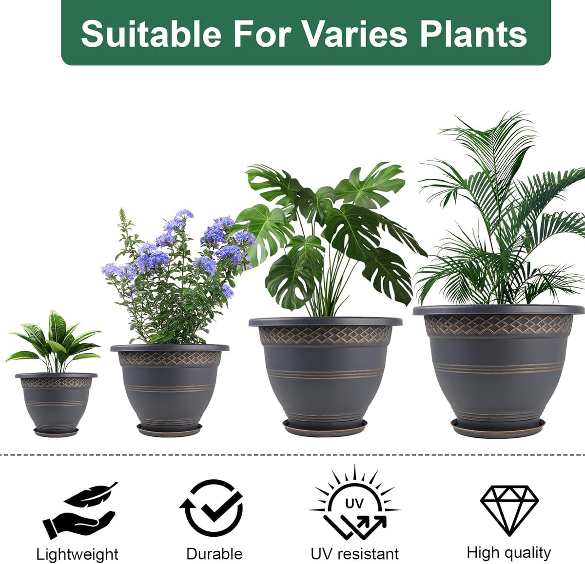 6 Pack 8 Inch Plant Pots, Plastic Flower Pot for Indoor & Outdoor with Drainage Holes & Saucer