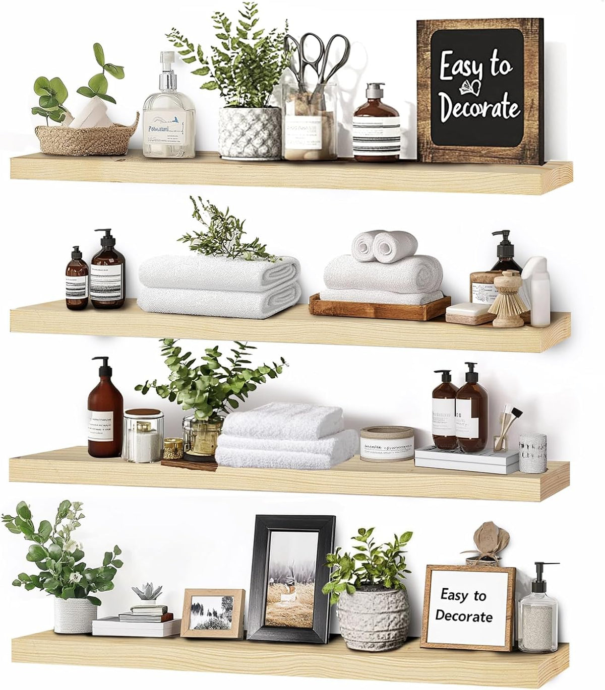 Floating Wall Shelves 4-Pack - Rustic Wood 16-inch Wooden Wall Shelves for Storage and Décor