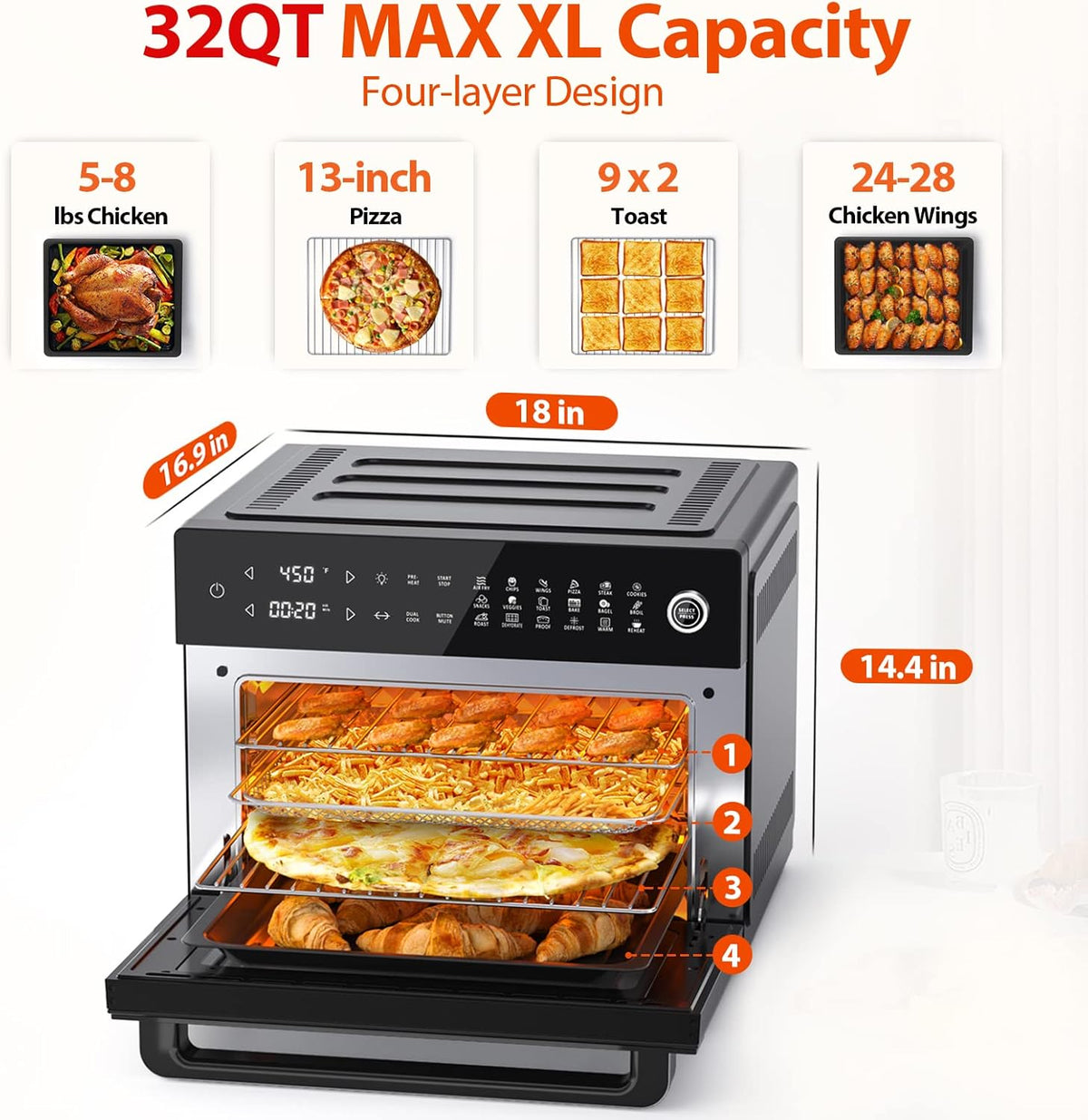 Aeitto® 32-Quart PRO Large Air Fryer Oven| Toaster Oven Combo | with Rotisserie, Dehydrator and