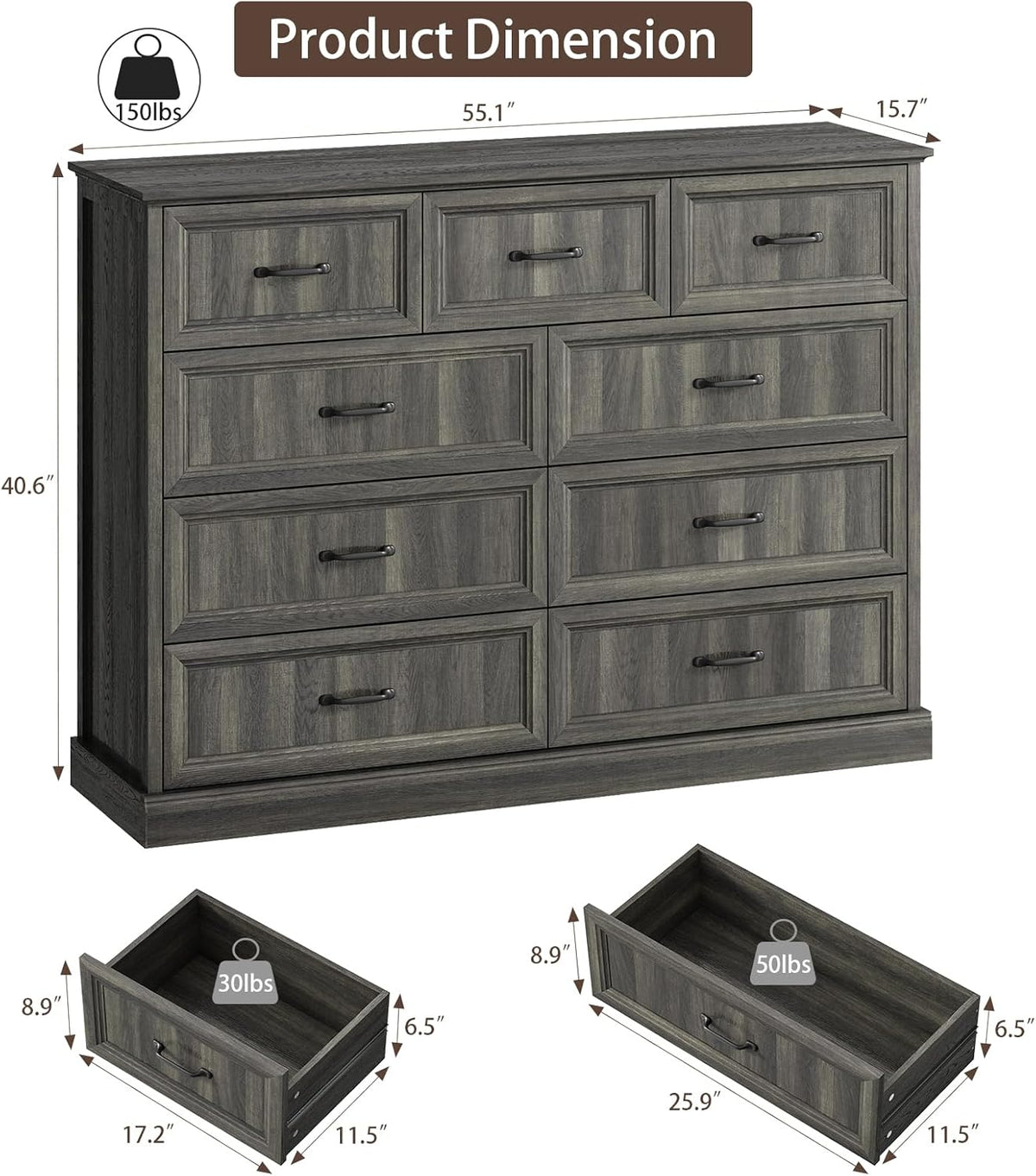 CARPETNAL Farmhouse 9 Drawer Dresser for Bedroom, 55 Inch Wide Modern Grey Dresser TV Stand with
