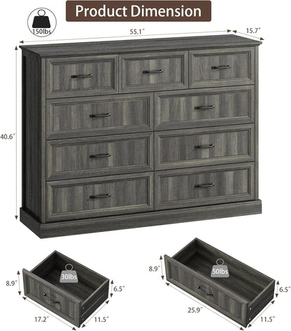 CARPETNAL Farmhouse 9 Drawer Dresser for Bedroom, 55 Inch Wide Modern Grey Dresser TV Stand with