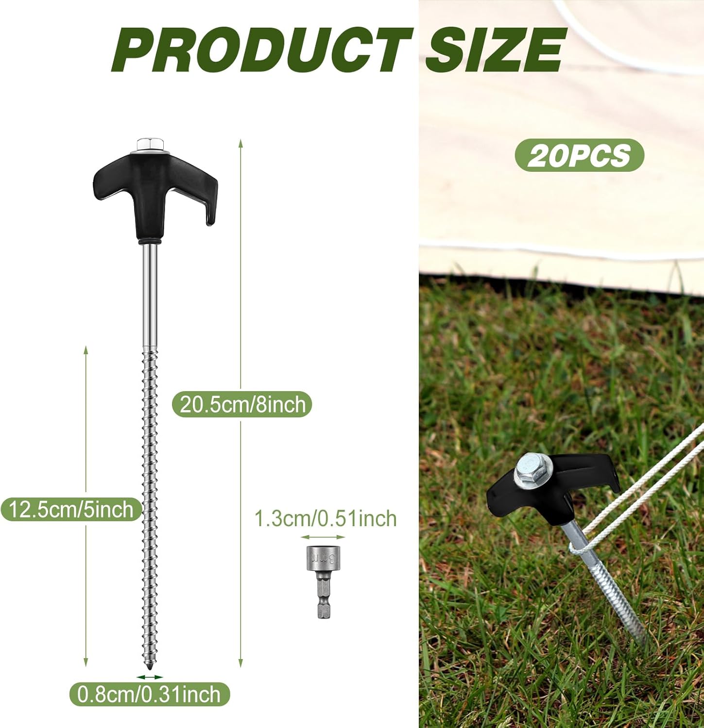 Hicarer 20 Pcs 20 Pcs 8'' Screw in Tent Stakes Heavy Duty Ground Metal Stakes for Inflatables with