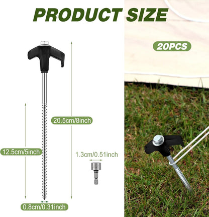 Hicarer 20 Pcs 20 Pcs 8'' Screw in Tent Stakes Heavy Duty Ground Metal Stakes for Inflatables with
