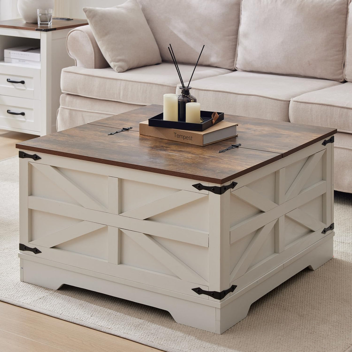 Coffee Table with Storage, Rustic White Square Coffee Tables for Living Room, Lift top Coffee Table