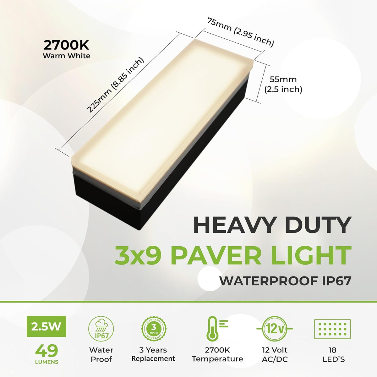 LUMENGY Paver Light 3×9 Inch (2.95 inch X 8.85 inch), Warm White Glare-Free Illumination for