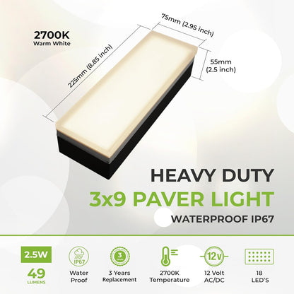 LUMENGY Paver Light 3×9 Inch (2.95 inch X 8.85 inch), Warm White Glare-Free Illumination for