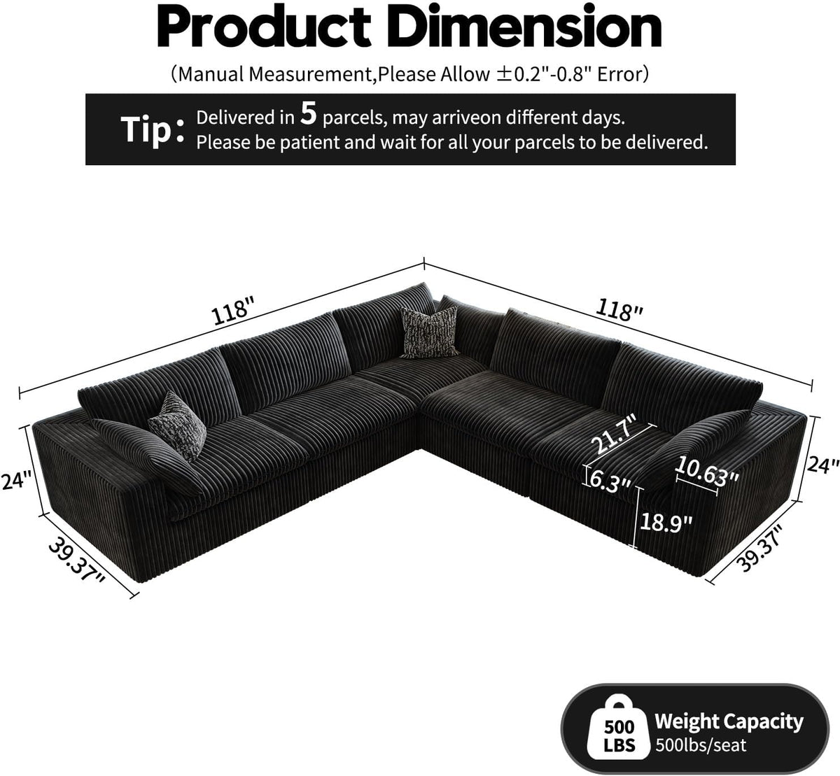 118" Cloud Couch Oversized Modular Sectional Sofa for Living Room,Modern Sofa with Deep Seat，V