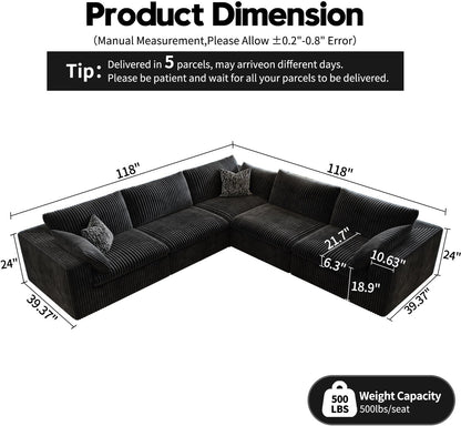 118" Cloud Couch Oversized Modular Sectional Sofa for Living Room,Modern Sofa with Deep Seat，V