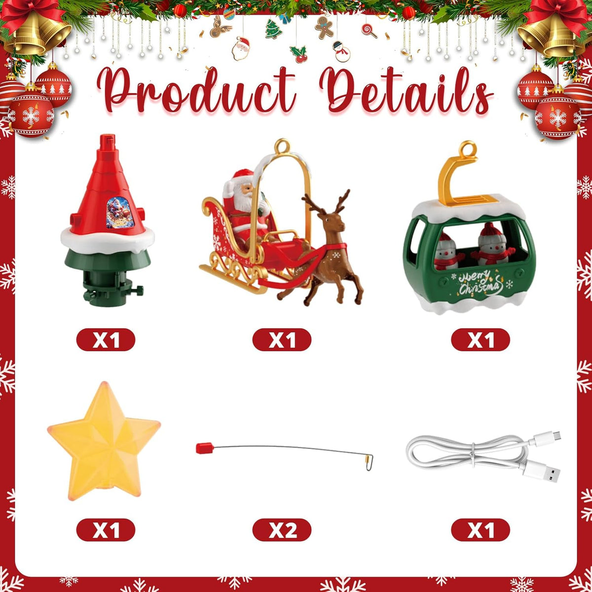 Musical Rotating Christmas Tree Topper with LED Star Light, Santa Sleigh and Cable Car Decorations