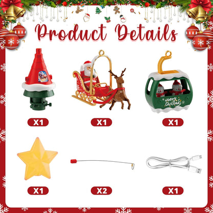 Musical Rotating Christmas Tree Topper with LED Star Light, Santa Sleigh and Cable Car Decorations