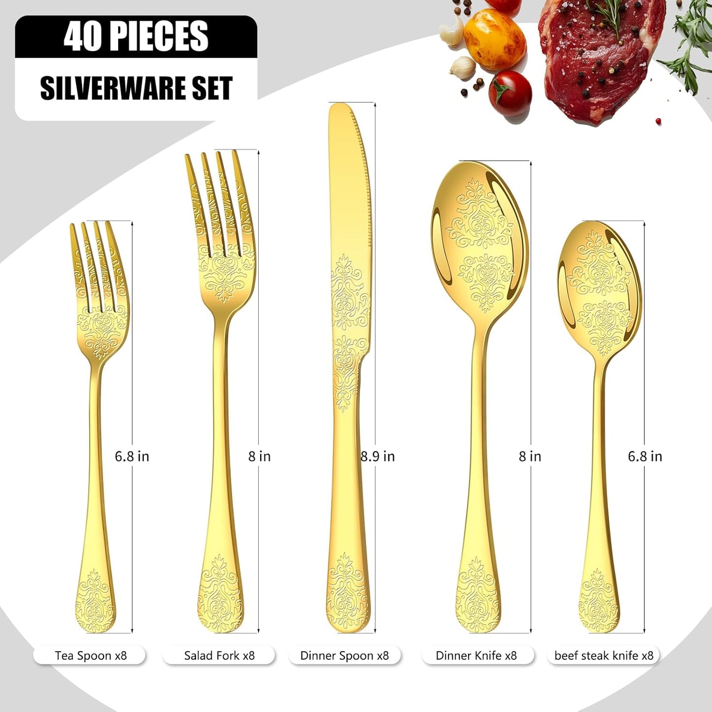 40 Pcs Gold Silverware Set for 8 with Classical Flower Embossed Design, Food Grade Stainless Steel