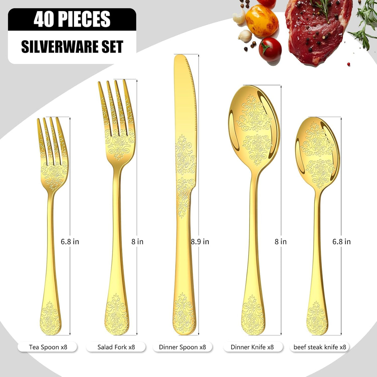 40 Pcs Gold Silverware Set for 8 with Classical Flower Embossed Design, Food Grade Stainless Steel