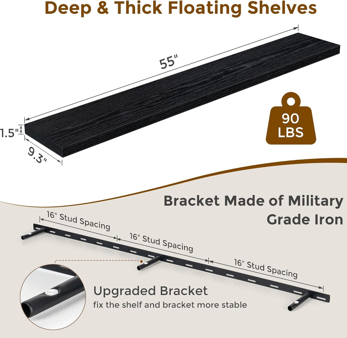 55 Inch Floating Shelves Black, Rustic Wood Floating Shelf Wall Mounted, 9 Inch Deep Floating Shelf