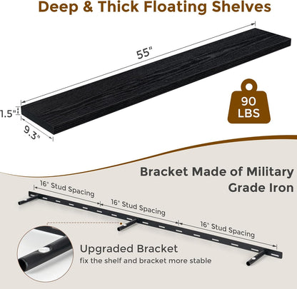 55 Inch Floating Shelves Black, Rustic Wood Floating Shelf Wall Mounted, 9 Inch Deep Floating Shelf