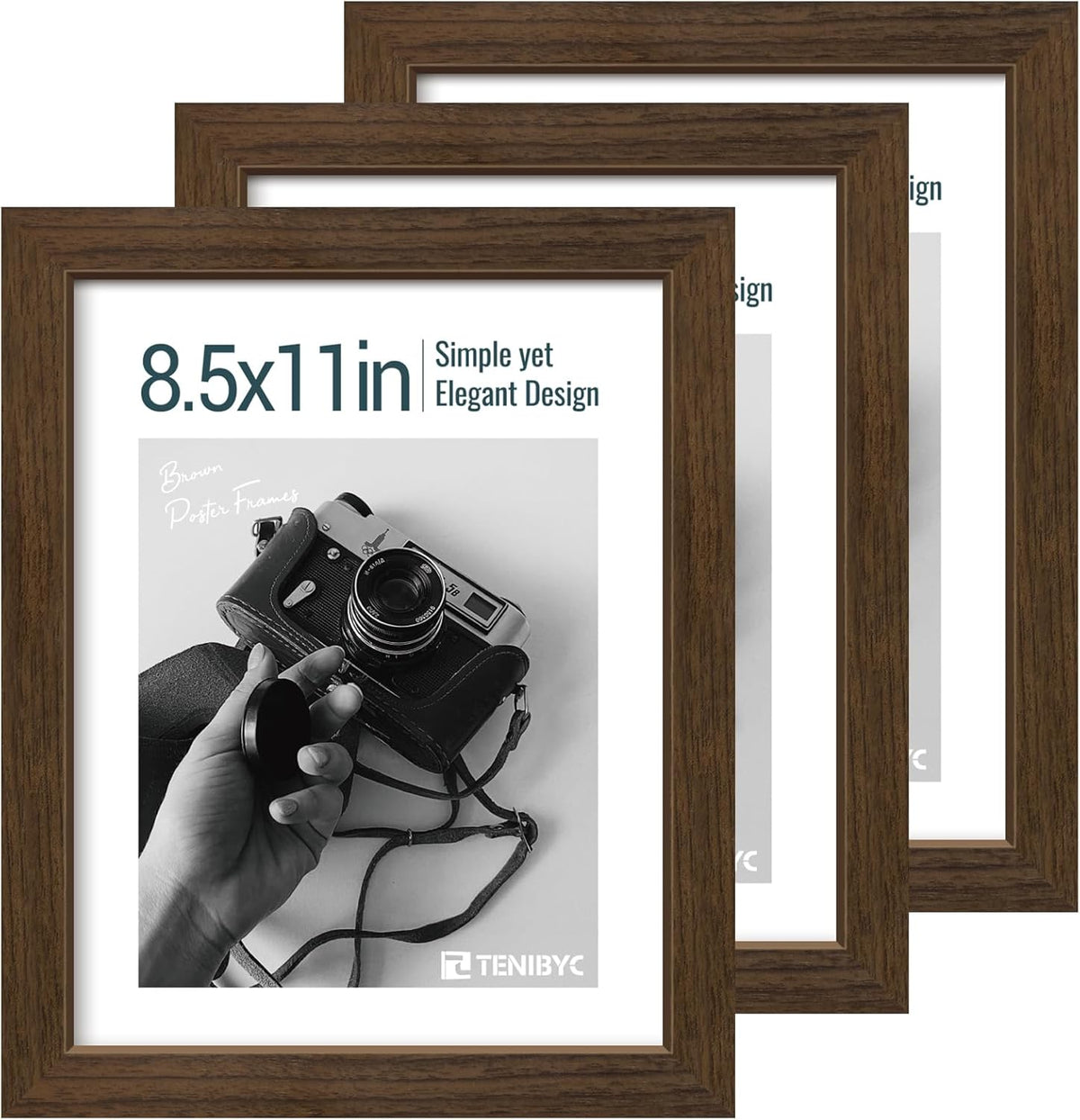 8.5x11 Picture Frame Set of 3 - Brown Woodgrain, Wood Photo Frame, HD Tempered Glass, Table Display