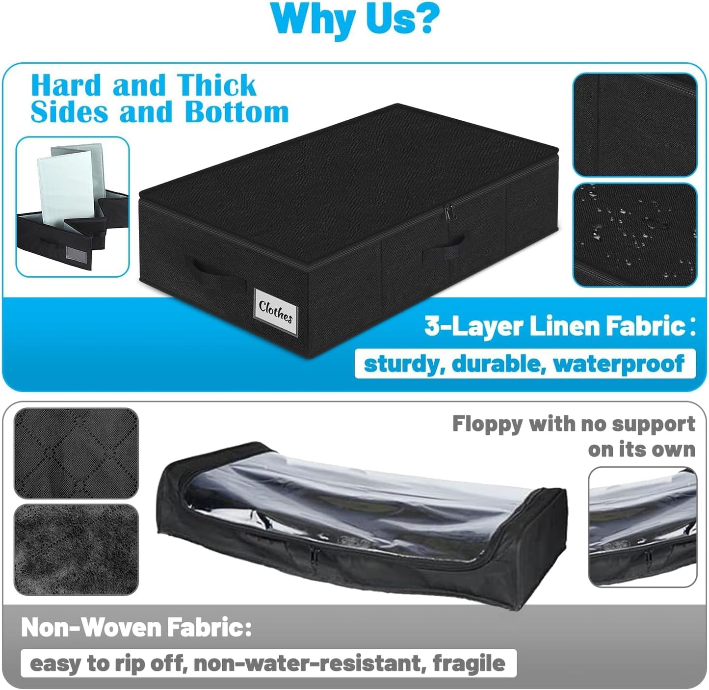 Under Bed Storage Container Bin 3 Pack, Low Profile Foldable Underbed Clothes Storage Organizer W/