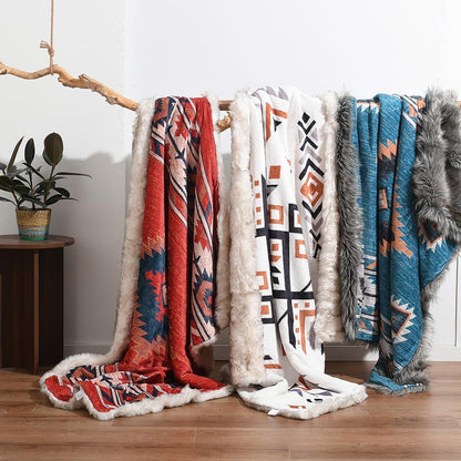 Luxury Plush Faux Fur Throw Blanket with Aztec Pattern, Super Warm, Fuzzy, Elegant, Fluffy