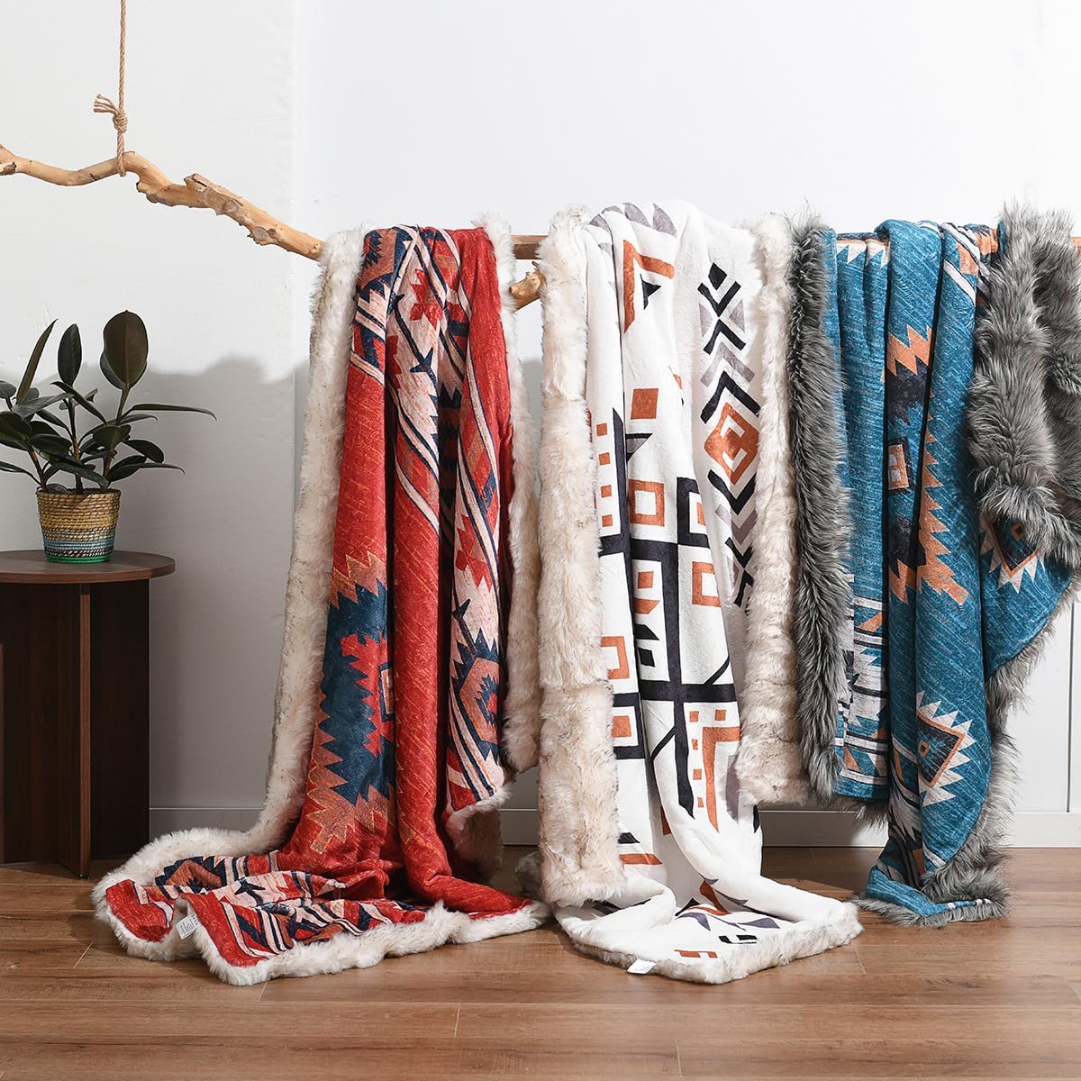 Luxury Plush Faux Fur Throw Blanket with Aztec Pattern, Super Warm, Fuzzy, Elegant, Fluffy