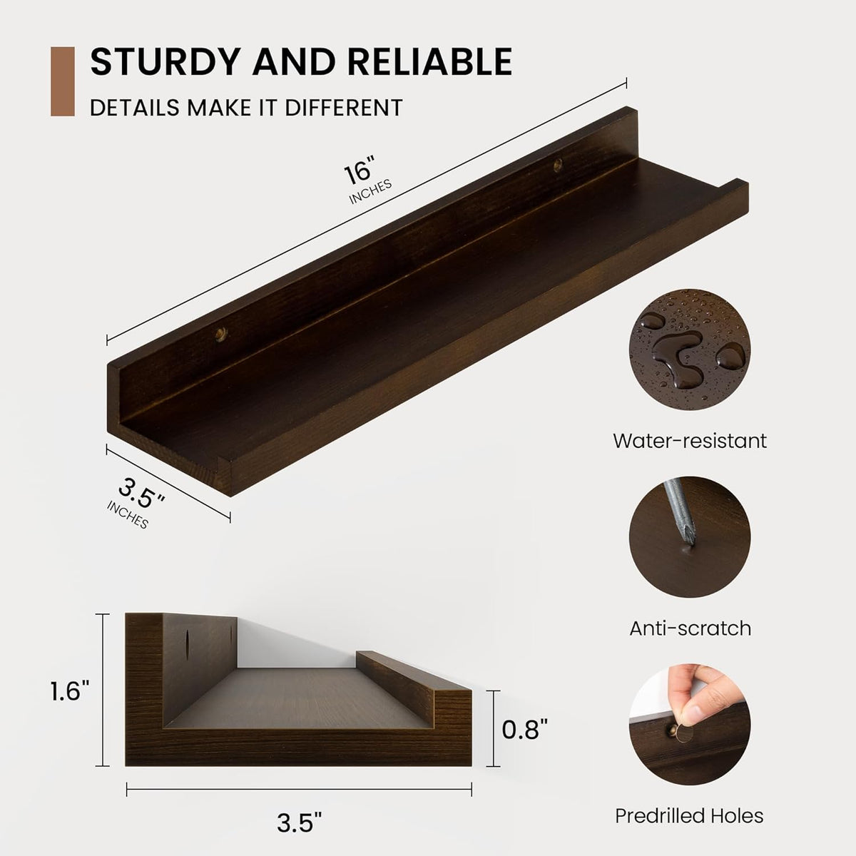 Picture Ledge Shelf, Solid Pine Wood Floating Shelves Set of 4, 16 Inches Nursery Book Shelves for