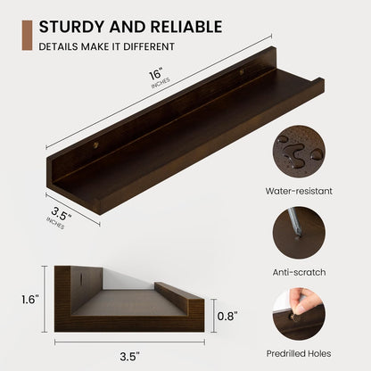 Picture Ledge Shelf, Solid Pine Wood Floating Shelves Set of 4, 16 Inches Nursery Book Shelves for