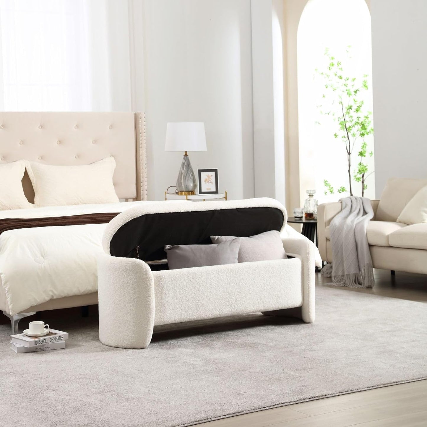 ROCTY White Boucle Storage Bench - 50" Sherpa Ottoman Bench for Bedroom, Entryway, Living Room &