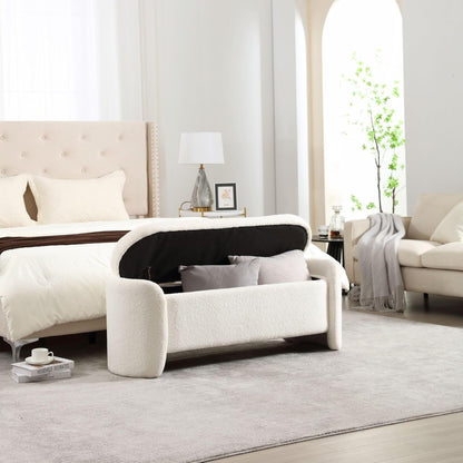 ROCTY White Boucle Storage Bench - 50" Sherpa Ottoman Bench for Bedroom, Entryway, Living Room &