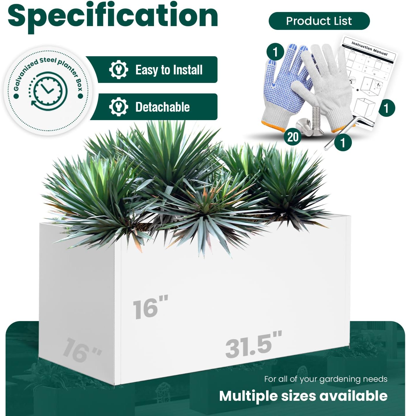 White Steel Planter Outdoor Indoor Planter Box Galvanized Steel Metal Large Planters Rectangular