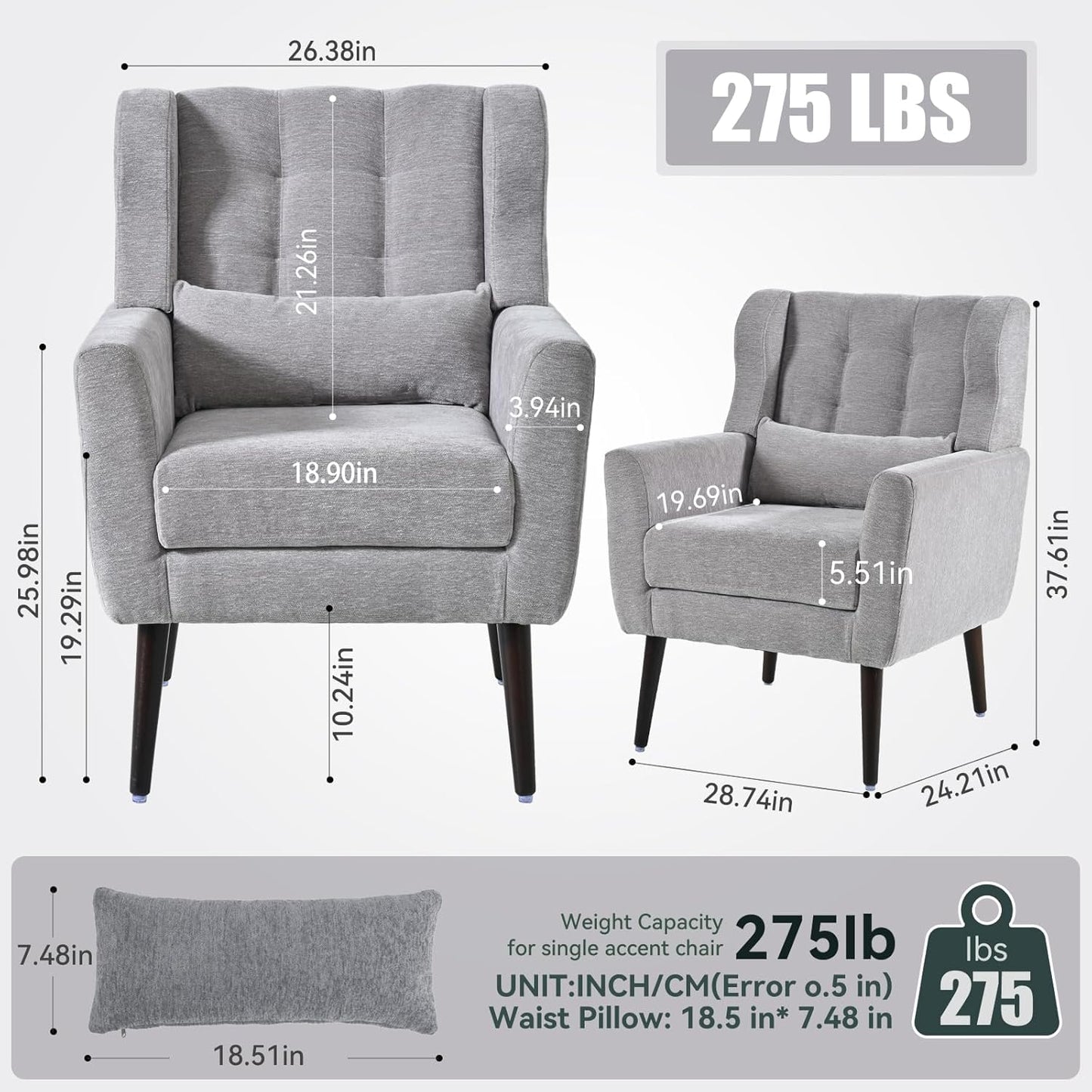 Accent Chair Set of 2, Upholstered Armchair with Pillow, Fabric Single Sofa Chair with Lounge Seat