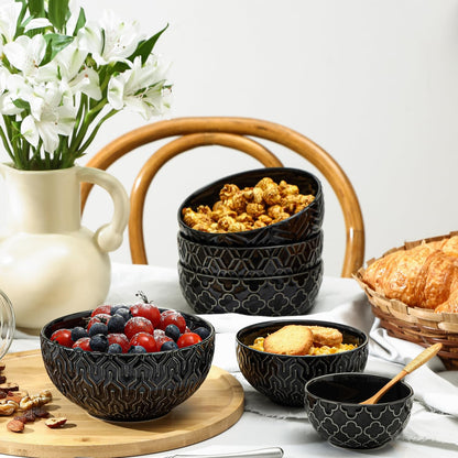 Sureasy Ceramic Cereal Bowls Set of 4, 5.9 Inch Deep Soup Bowls for Kitchen, 25 oz Embossed