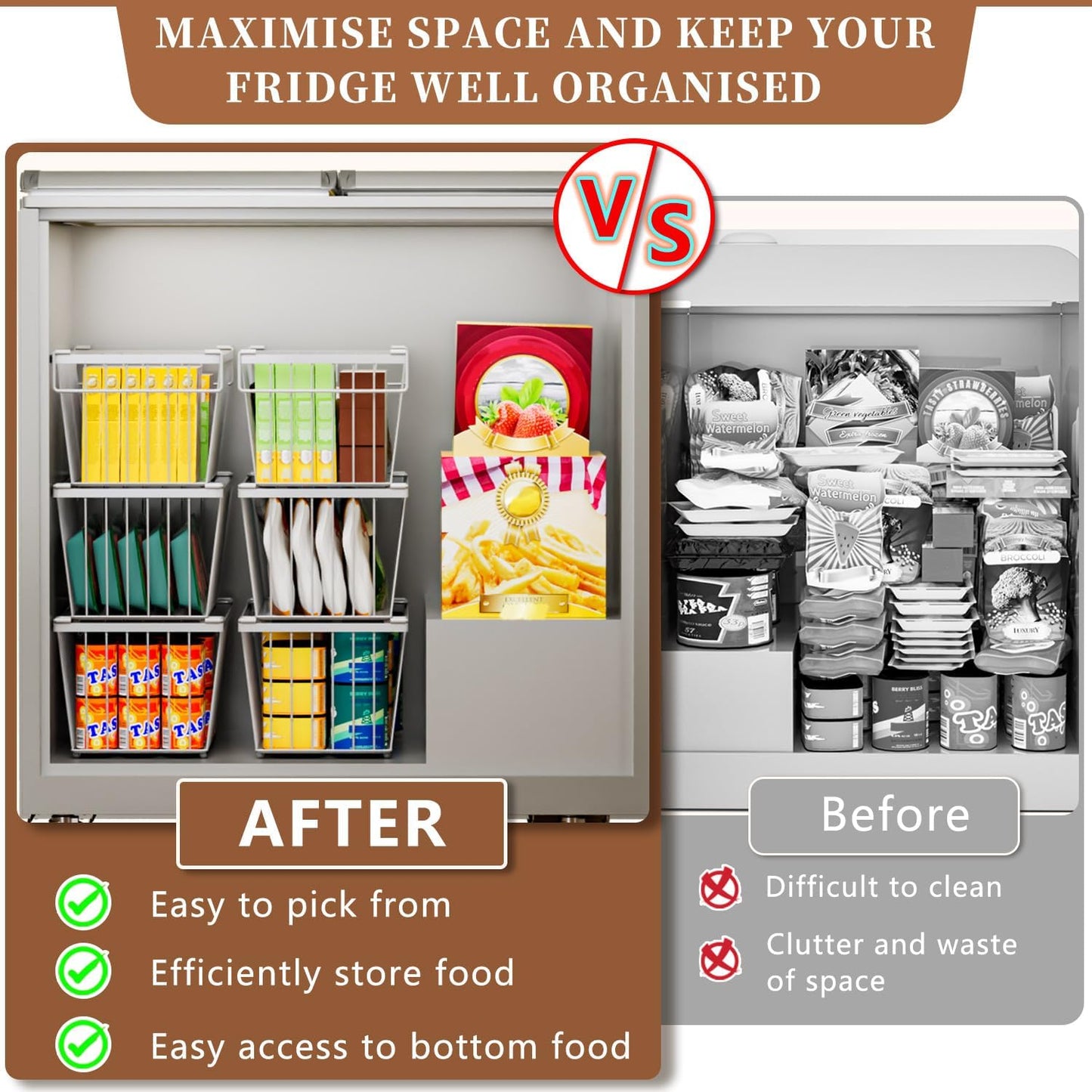 6 Pack Stackable Deep Freezer Organizer Bins ，Upgraded Bottom Leak-Proof net，Encryption and