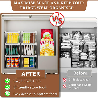 6 Pack Stackable Deep Freezer Organizer Bins ，Upgraded Bottom Leak-Proof net，Encryption and