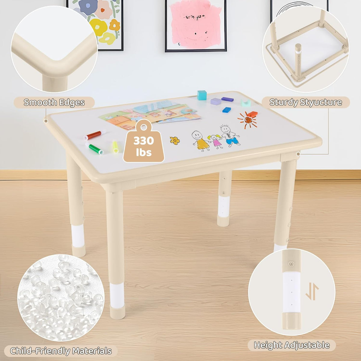 Kids Table and 2 Chairs Set, Height Adjustable (17.7"-26.1") Toddler Table and Chair Set