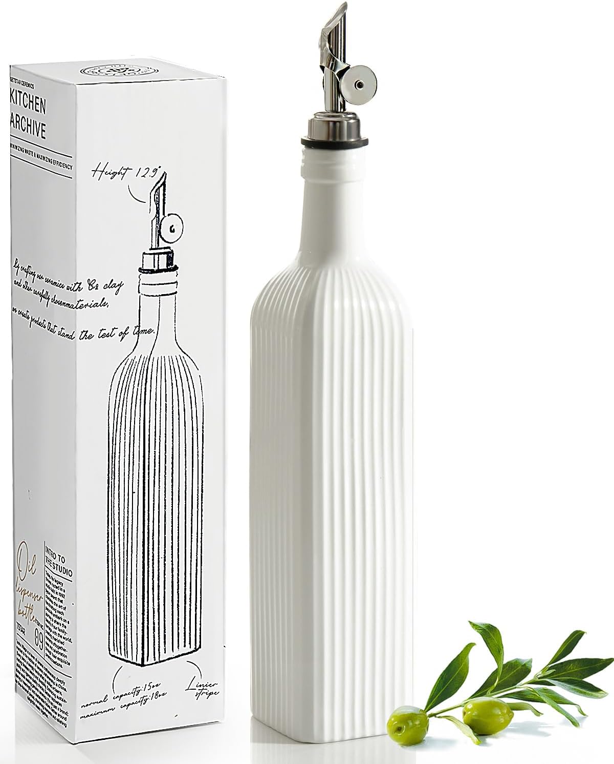 getstar 18 oz Olive Oil Dispenser Bottle for Kitchen, Ceramic Oil Bottle with Automatic Stainless