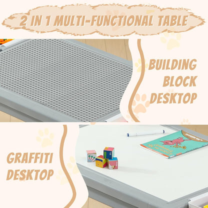 Multi Functional Kids Table and 2 Chairs Set, Graffiti & Building Blocks Double-Sided Tabletop