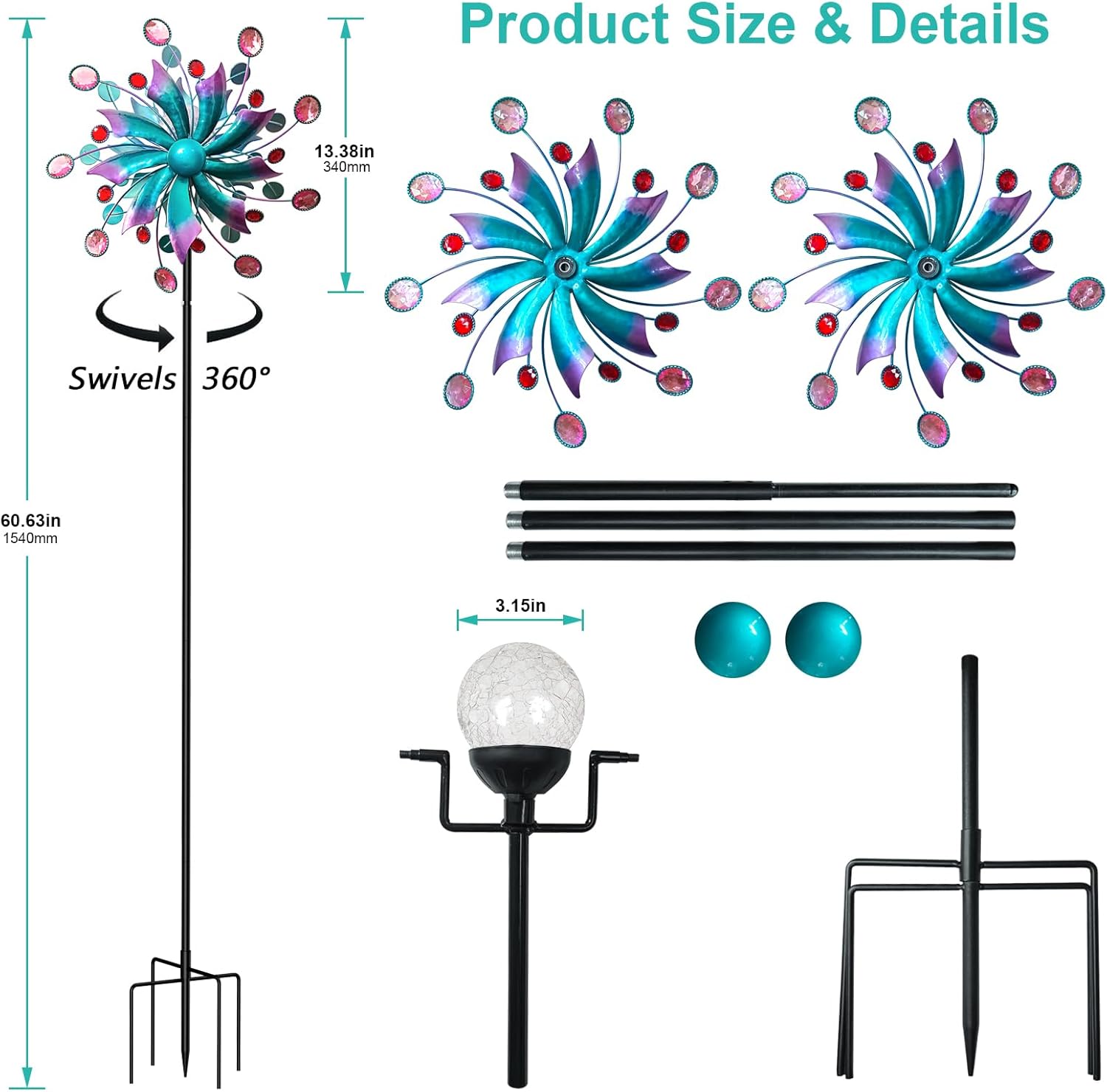 Solar Wind Spinner, 60.63 Inch Outdoor Metal Stake Yard Spinners, Solar Powered Multi-Color LED