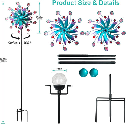 Solar Wind Spinner, 60.63 Inch Outdoor Metal Stake Yard Spinners, Solar Powered Multi-Color LED