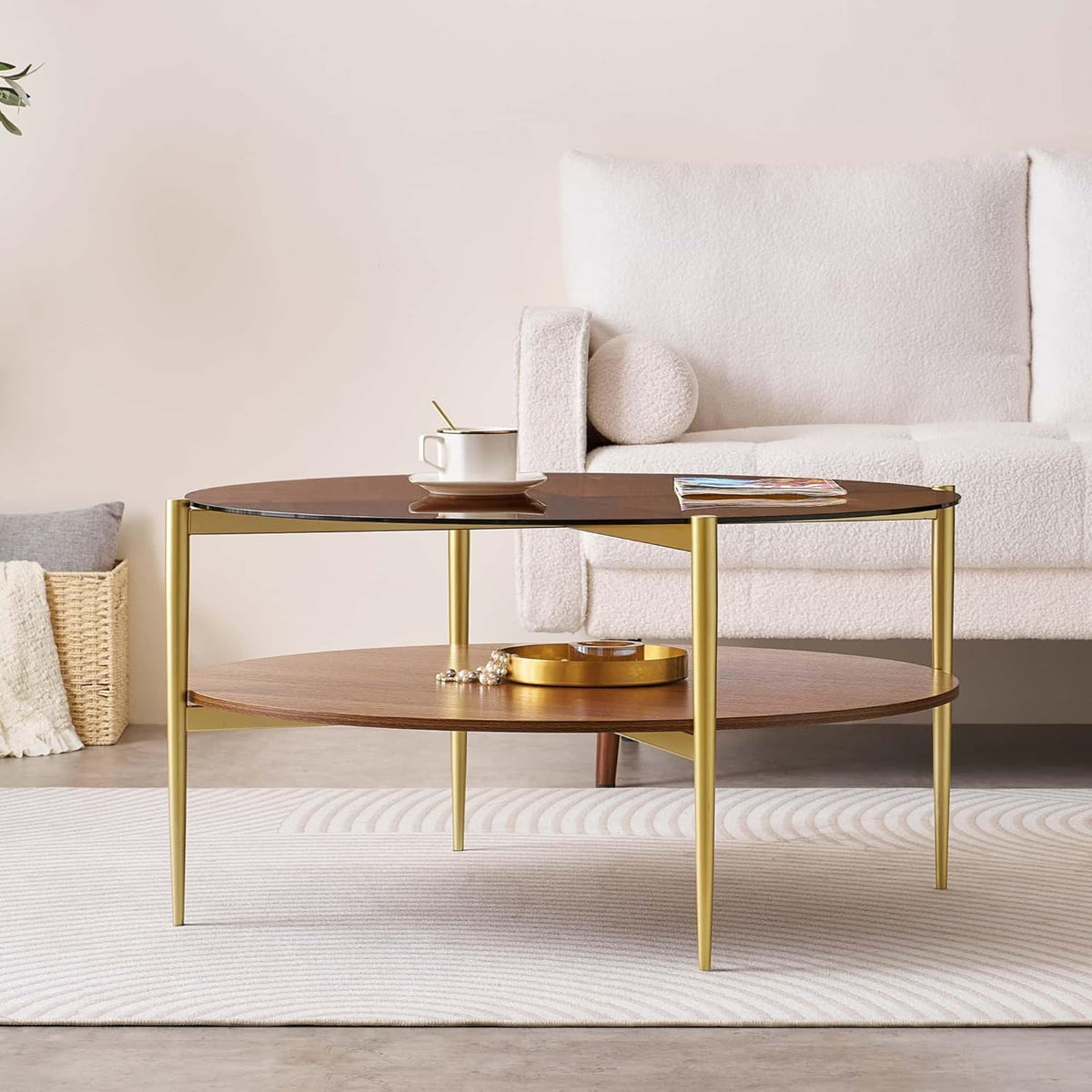 Extra Large Round Coffee Table, Mid-Century Modern Design, D34 x H17 in, for Living Room, 2-Tier