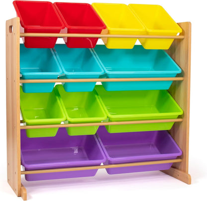 Humble Crew Kids Toy Storage Organizer with 12 Plastic Bins, Natural Wood/Rainbow – Removable Bins