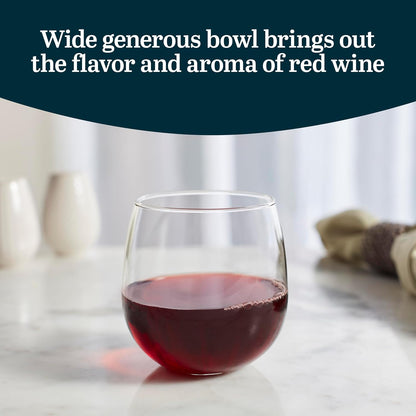 Libbey Stemless Red Wine Glasses, 16.75 Oz Classy, Wide Bowl Stemless Wine Glasses Set of 8, Chip