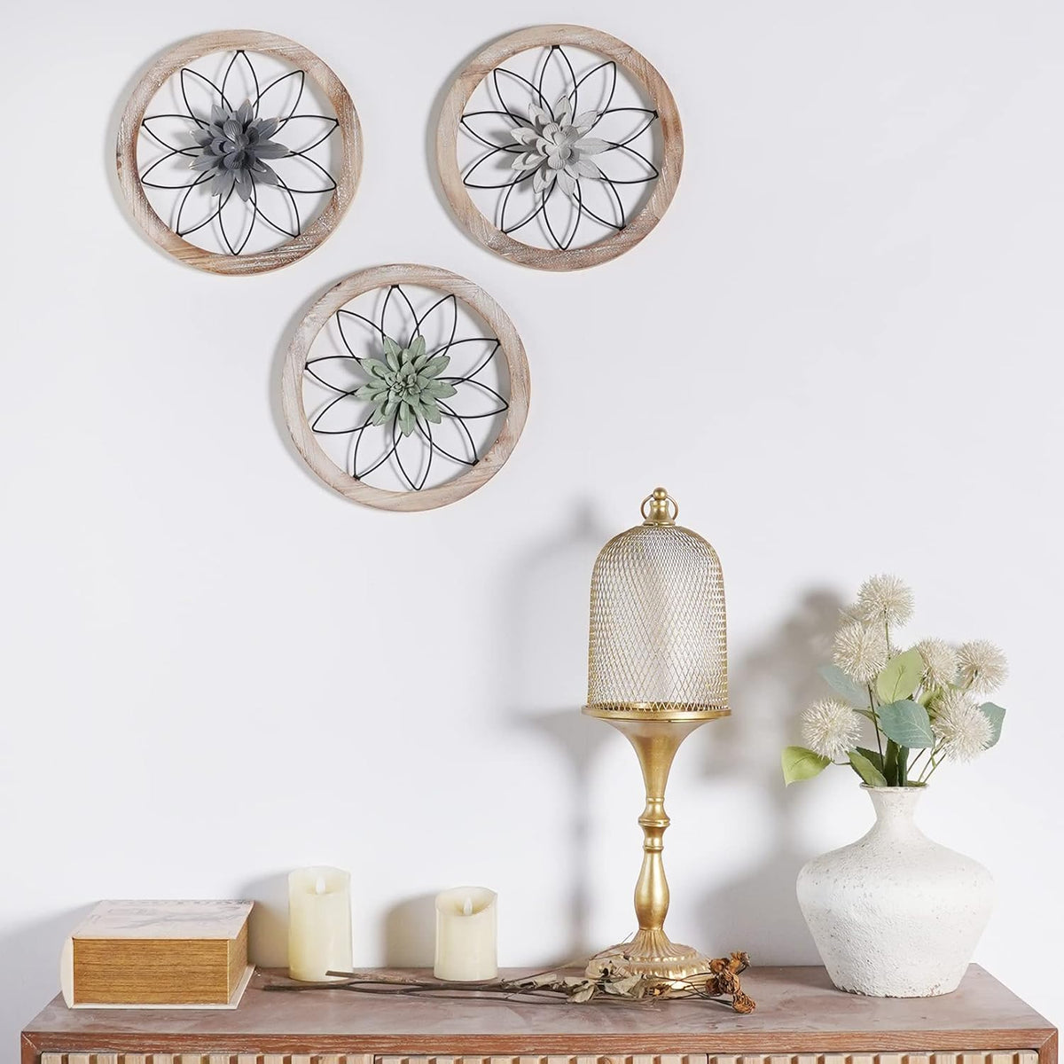 Paquesta 3 Piece Round Farmhouse Wall Decor with 6 Piece Interchangeable Flowers 12'' Medallion