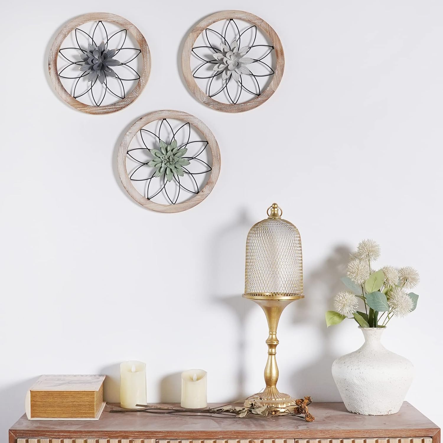 Paquesta 3 Piece Round Farmhouse Wall Decor with 6 Piece Interchangeable Flowers 12'' Medallion
